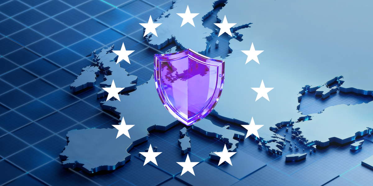 EU map with shield icon representing NIS2 and DORA cybersecurity compliance regulations