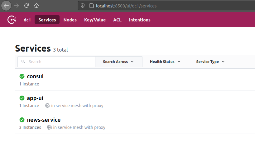 The Consul Services screen shows our services